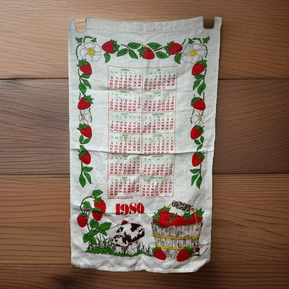 Vintage 1980 Cloth Wall Calendar Strawberry Mushroom Kitchen Cottagecore Granny
